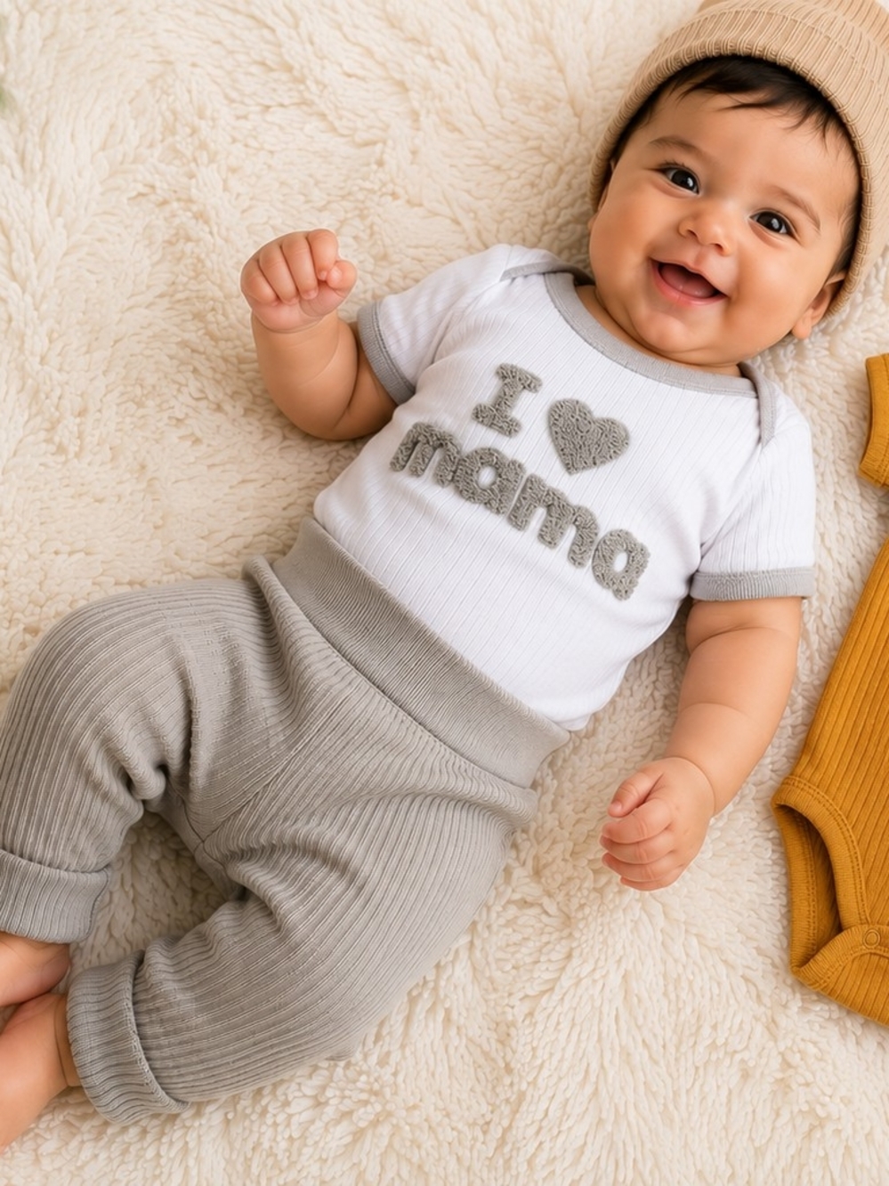 Baby 3Pc Neutral Ribbed Outfit Set I Heart Mama 0-3M #707